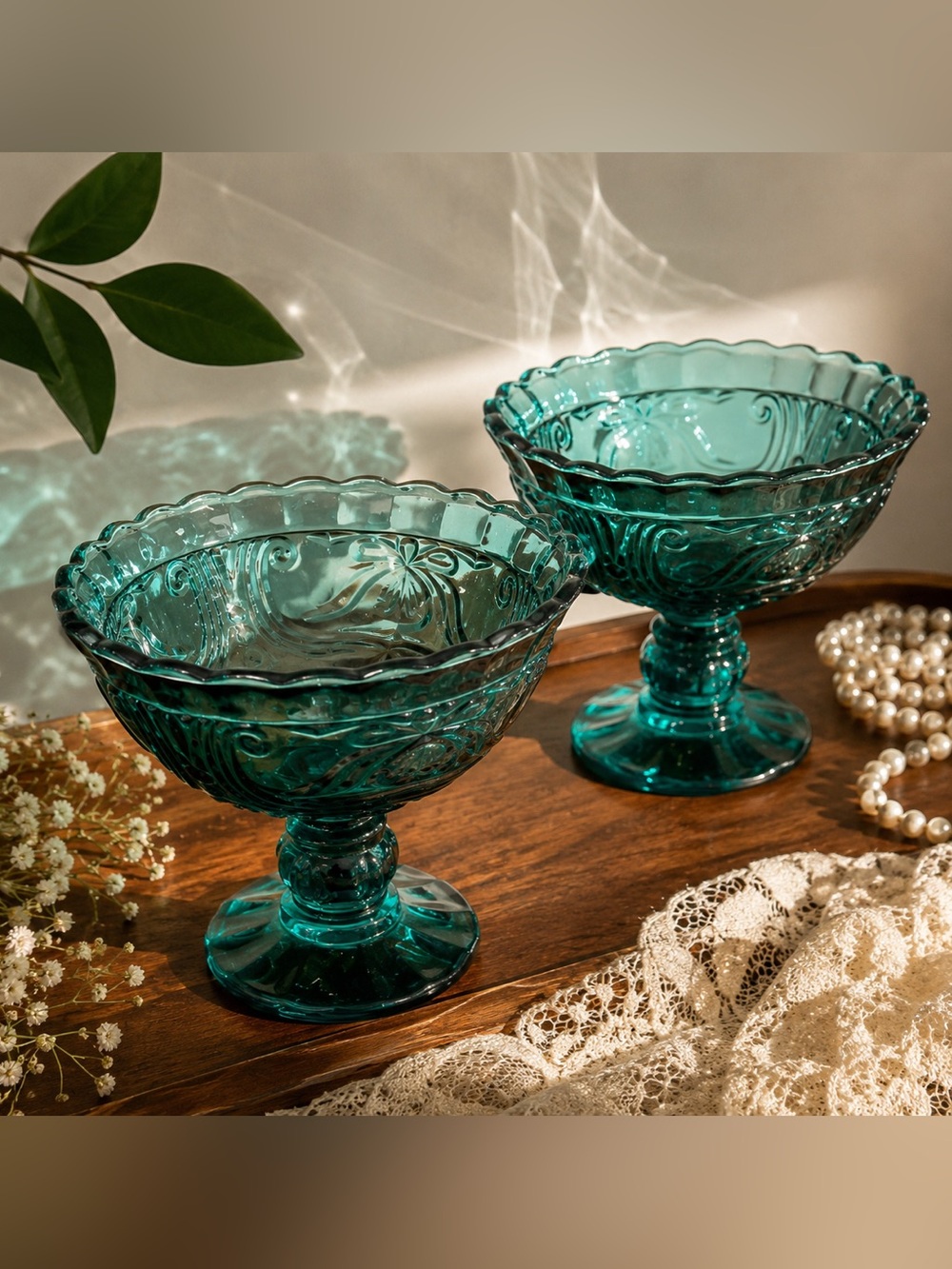 Vintage Emerald Green Glass Pedestal Dessert Bowls Set of 2